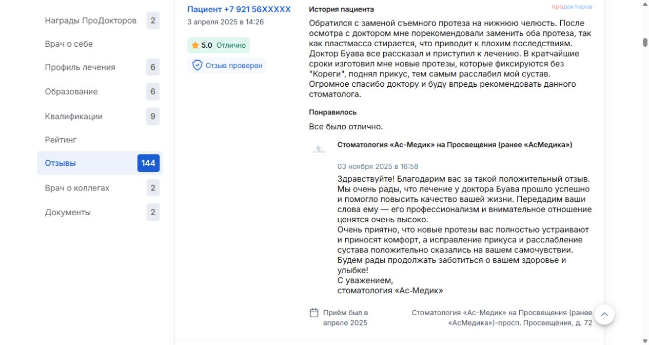 Оригинальный отзыв ПроДокторов от 03.04.2025